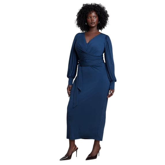 ELOQUII Women's Plus Size Cross-Front Belted Knit Midi Dress