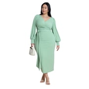 ELOQUII Womens Plus Size Cross-Front Belted Knit Midi Dress