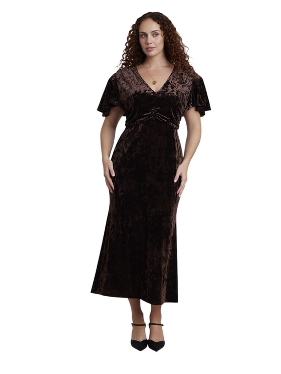 Women's Plus Size Crushed Velvet Strong Shoulder Maxi Dress
