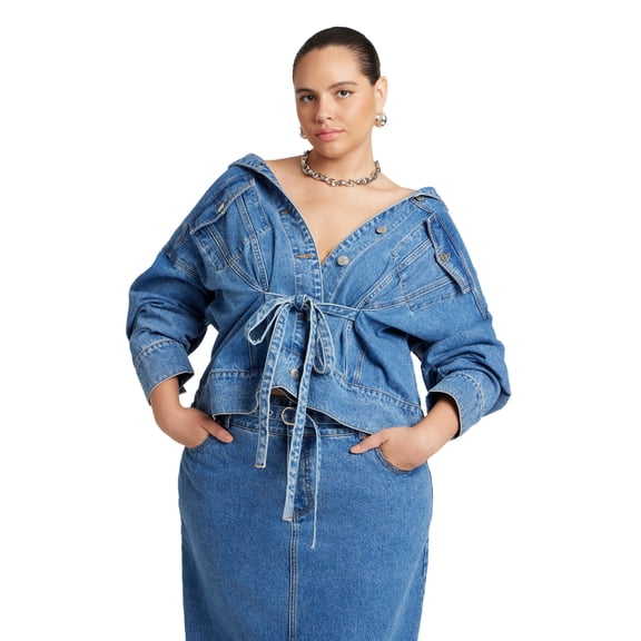 ELOQUII Women's Plus Size Denim Jacket With Cinched Waist
