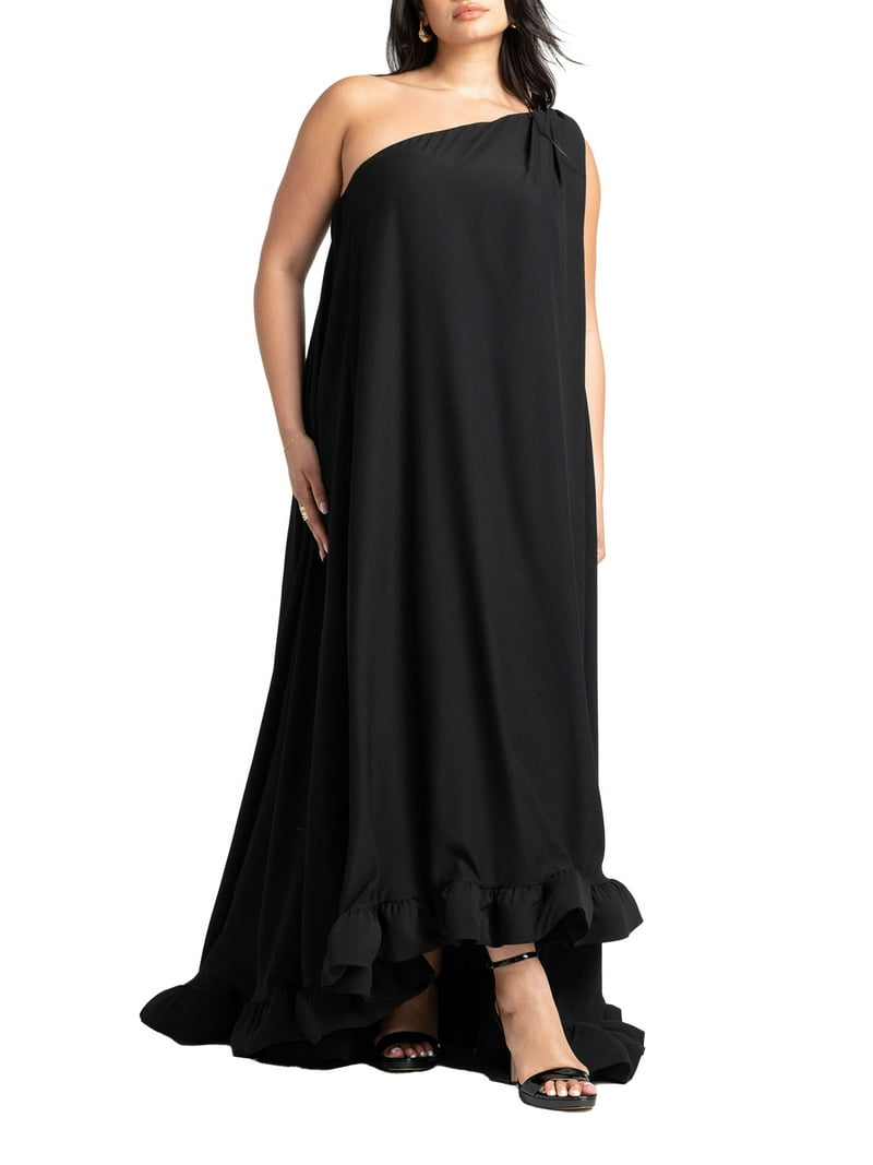 plus size one shoulder ruffle dress Black Plus Occasion Ruffle One Shoulder Maxi Dress