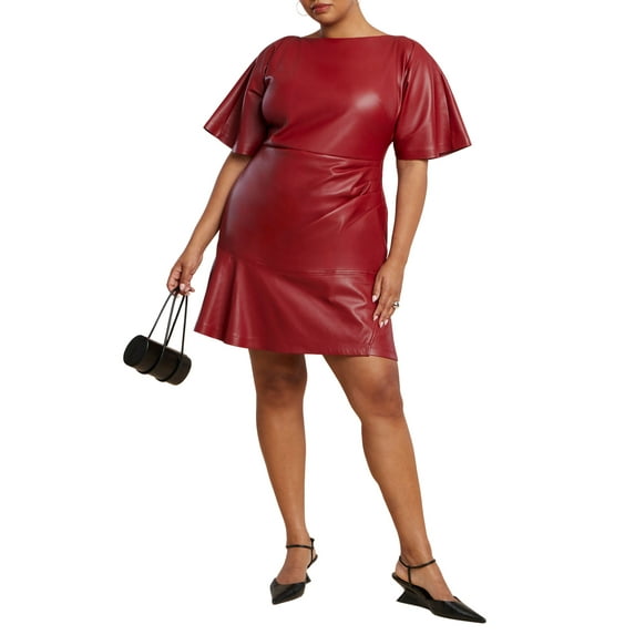 ELOQUII Women's Plus Size Drapey Faux Leather Mini Dress