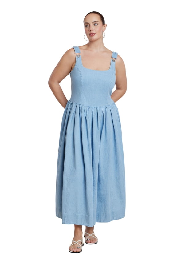 Women's Plus Size Drop-Waist Chambray Maxi Dress