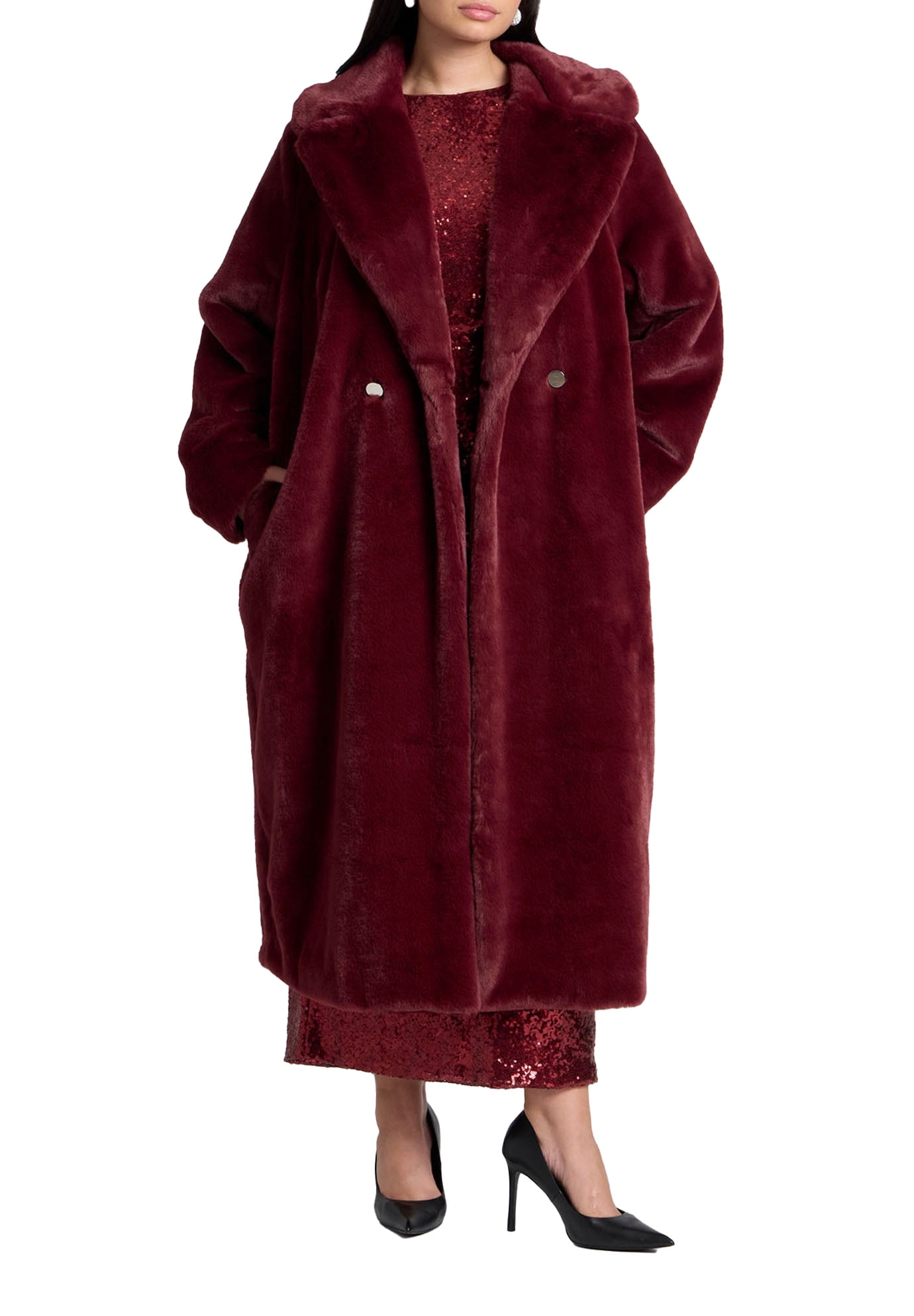 ELOQUII Women's Plus Size Faux Fur Long Coat - Main Image