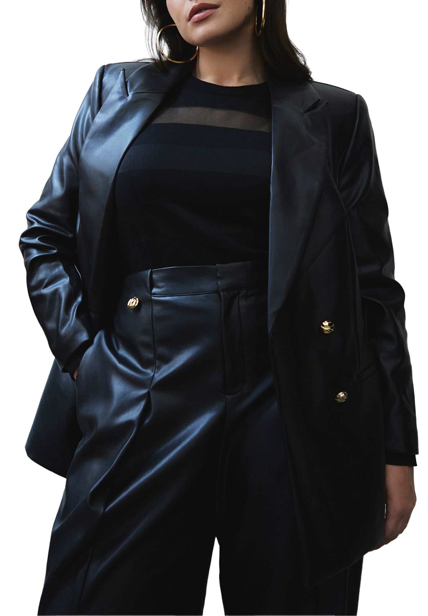 ELOQUII Women s Plus Size Faux Leather Cinched Waist Double Breasted Blazer Walmart