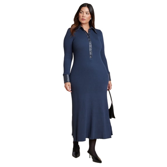 ELOQUII Women's Plus Size Faux Leather Detail Sweater Dress