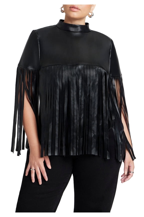 Women's Plus Size Faux Leather Fringe Cape