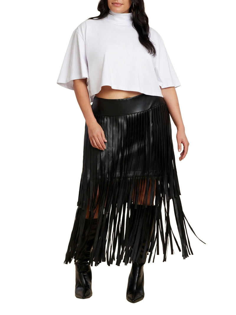 ELOQUII Women's Plus Size Faux Leather Fringe Skirt