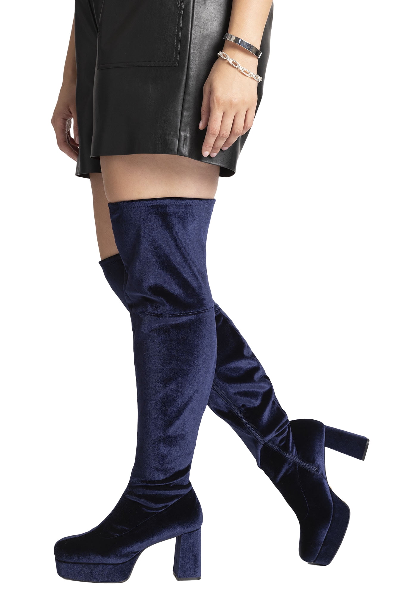 Blue velvet over the knee boots clearance