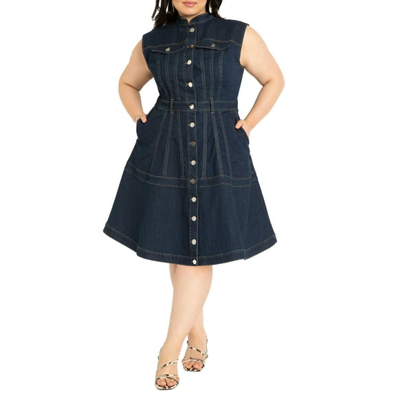 ELOQUII Women's Plus Size Fit & Flare Denim Dress