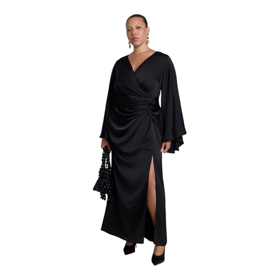 ELOQUII Women's Plus Size Flare Sleeve Satin Maxi Dress