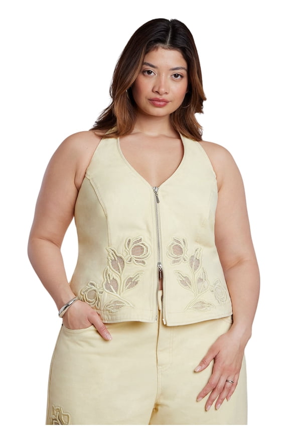Women's Plus Size Floral Embroidery Denim Vest