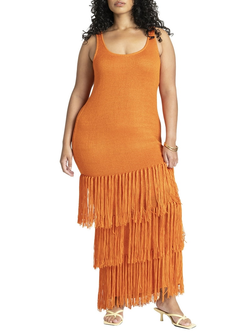 ELOQUII Women's Plus Size Fringe Sweater Dress