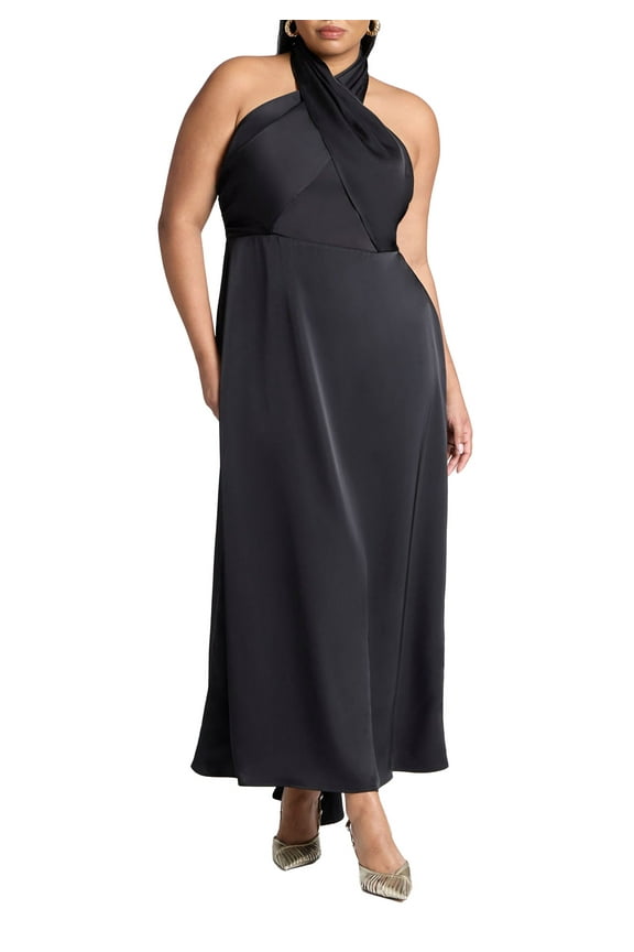 Women's Plus Size Halter Neck Satin Maxi Dress