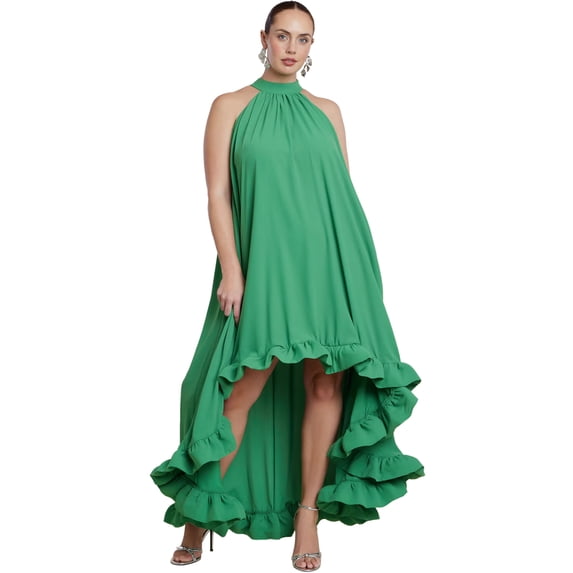 ELOQUII Women's Plus Size High Low Dramatic Ruffle Detail Dress