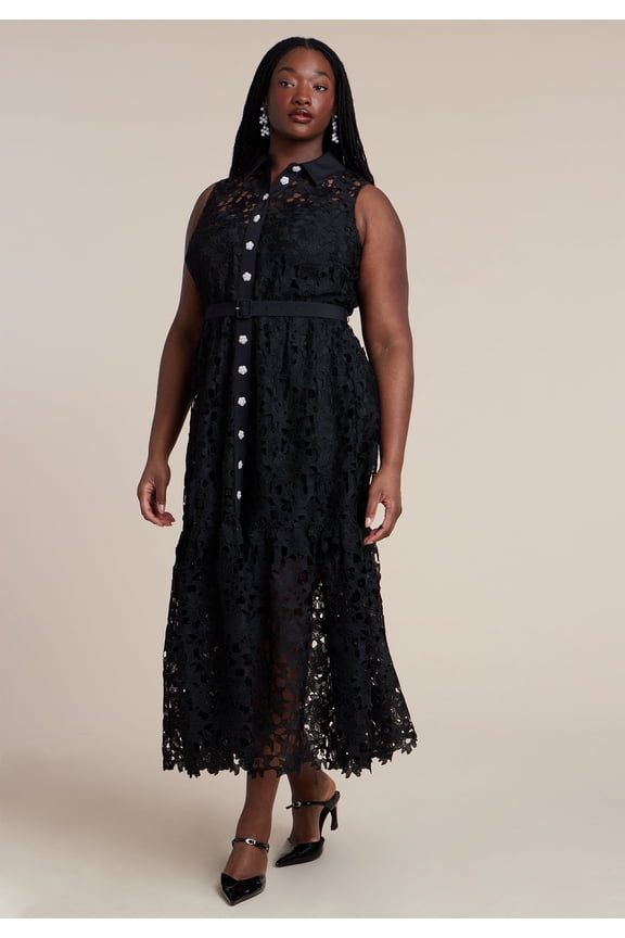 Women's Plus Size Lace Dress With Buttons & Collar