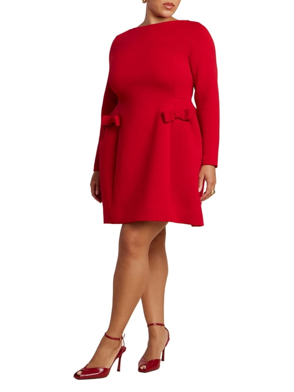 Women's Plus Size Long Sleeve Mini Dress With Bow Detail