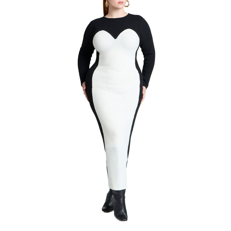 ELOQUII Women's Plus Size Maxi Sweater Dress With Colorblocked