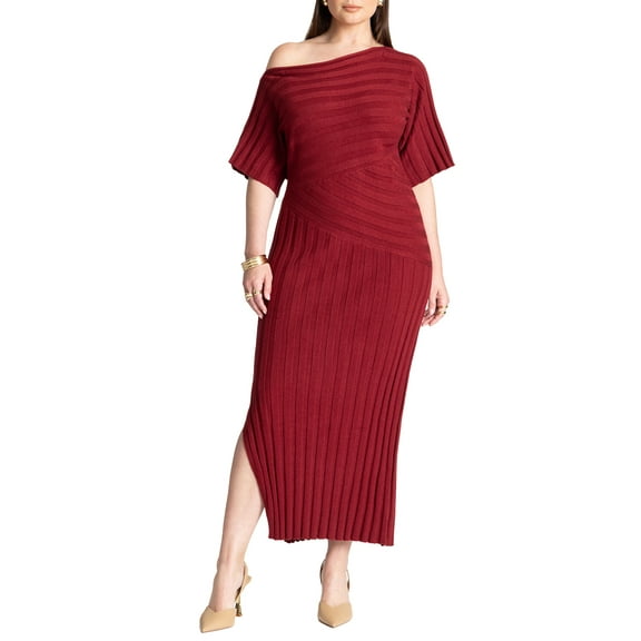 ELOQUII Women's Plus Size Mixed Directional Rib Midi Dress