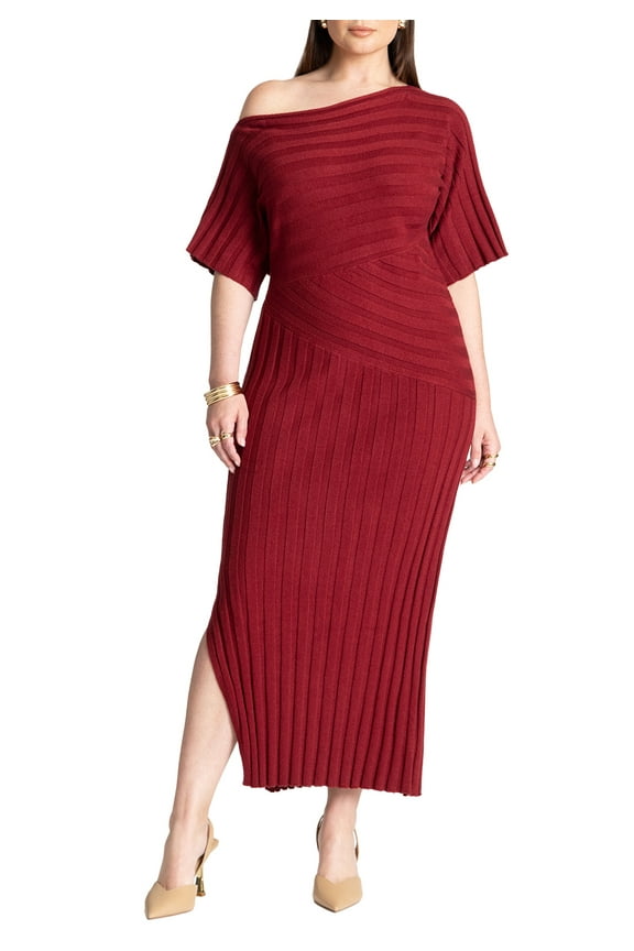 Women's Plus Size Mixed Directional Rib Midi Dress