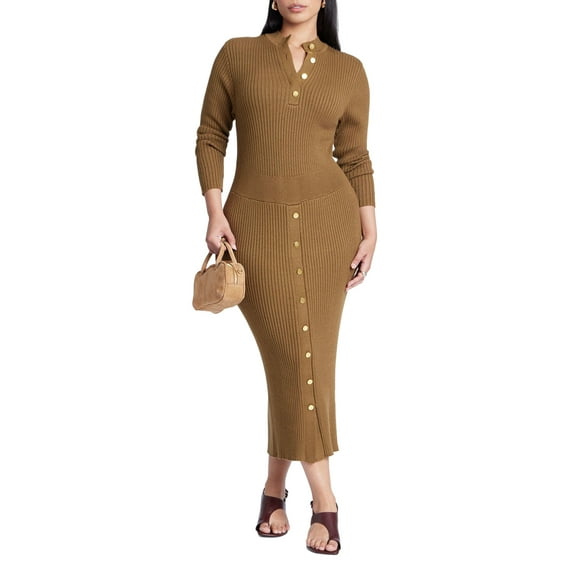 ELOQUII Women's Plus Size Mock Neck Rib Button Dress