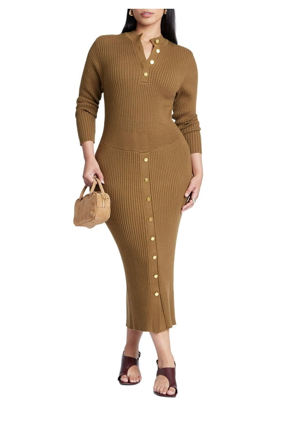 Women's Plus Size Mock Neck Rib Button Dress