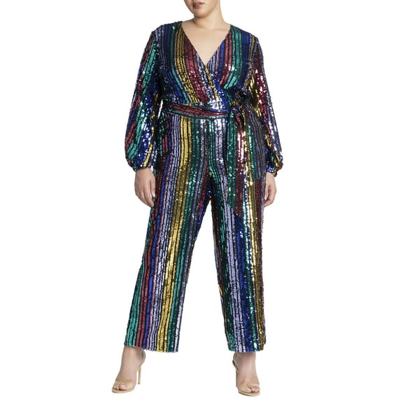ELOQUII Women's Plus Size Multicolor Stripe Sequin Jumpsuit