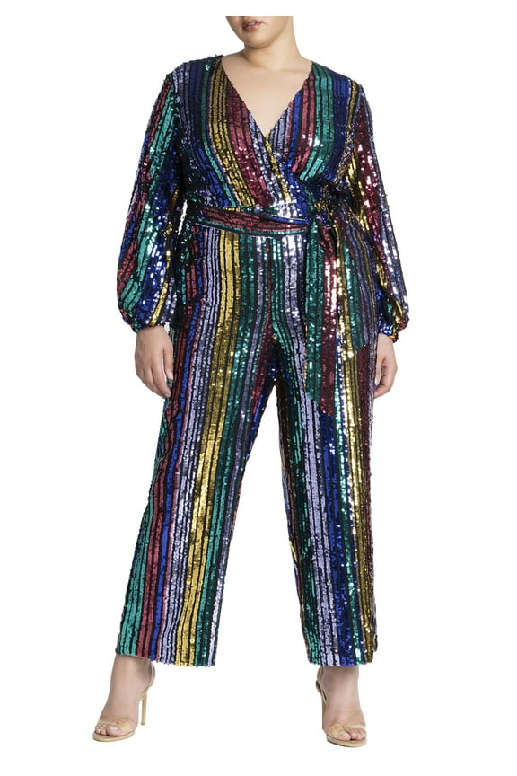 Women's Plus Size Multicolor Stripe Sequin Jumpsuit