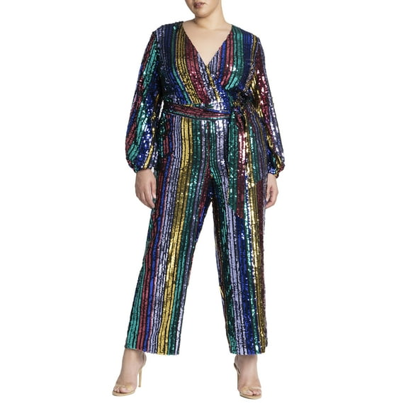 ELOQUII Women's Plus Size Multicolor Stripe Sequin Jumpsuit