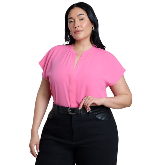 ELOQUII Women's Plus Size Short-Sleeve Notch Collar Blouse