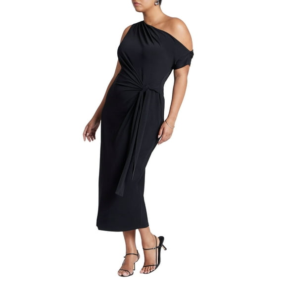 ELOQUII Women's Plus Size Off The Shoulder Tie Front Midi Dress