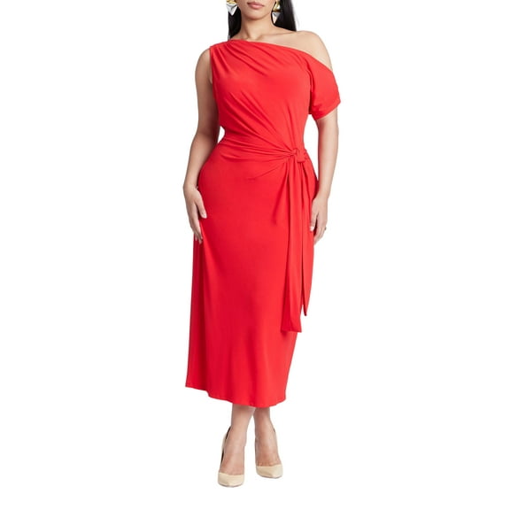ELOQUII Women's Plus Size Off The Shoulder Tie Front Midi Dress