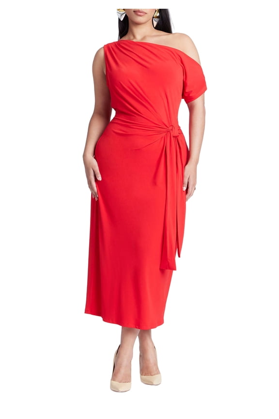 Women's Plus Size Off The Shoulder Tie Front Midi Dress