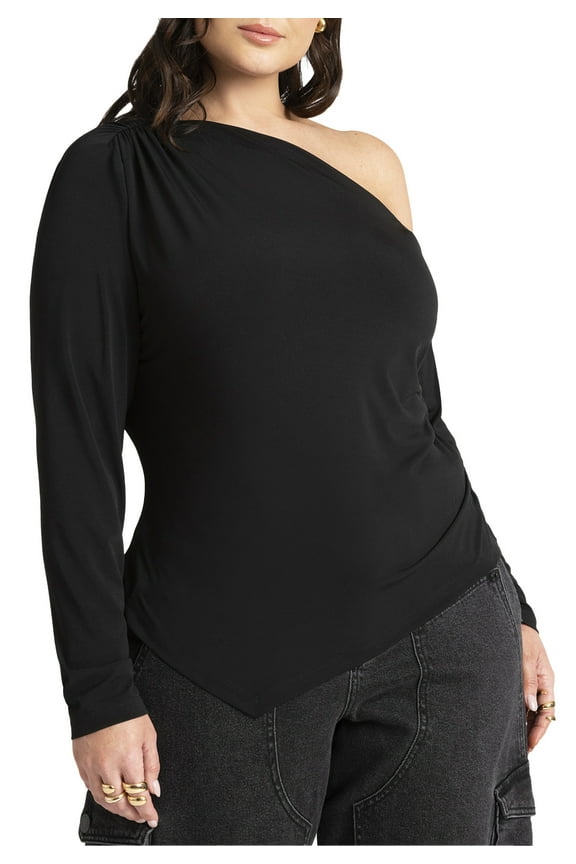Women's Plus Size Ruched One Shoulder Tee With Thumbhole Sleeve
