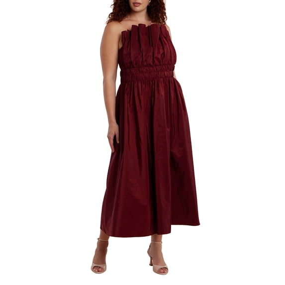 ELOQUII Women's Plus Size Pleated Ruffle Neckline Midi Dress