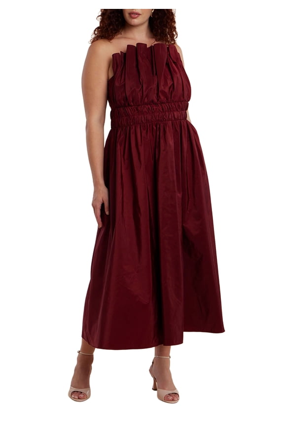 Women's Plus Size Pleated Ruffle Neckline Midi Dress