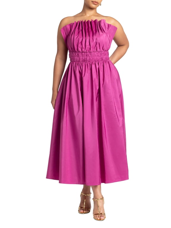 Women's Plus Size Pleated Ruffle Neckline Midi Dress