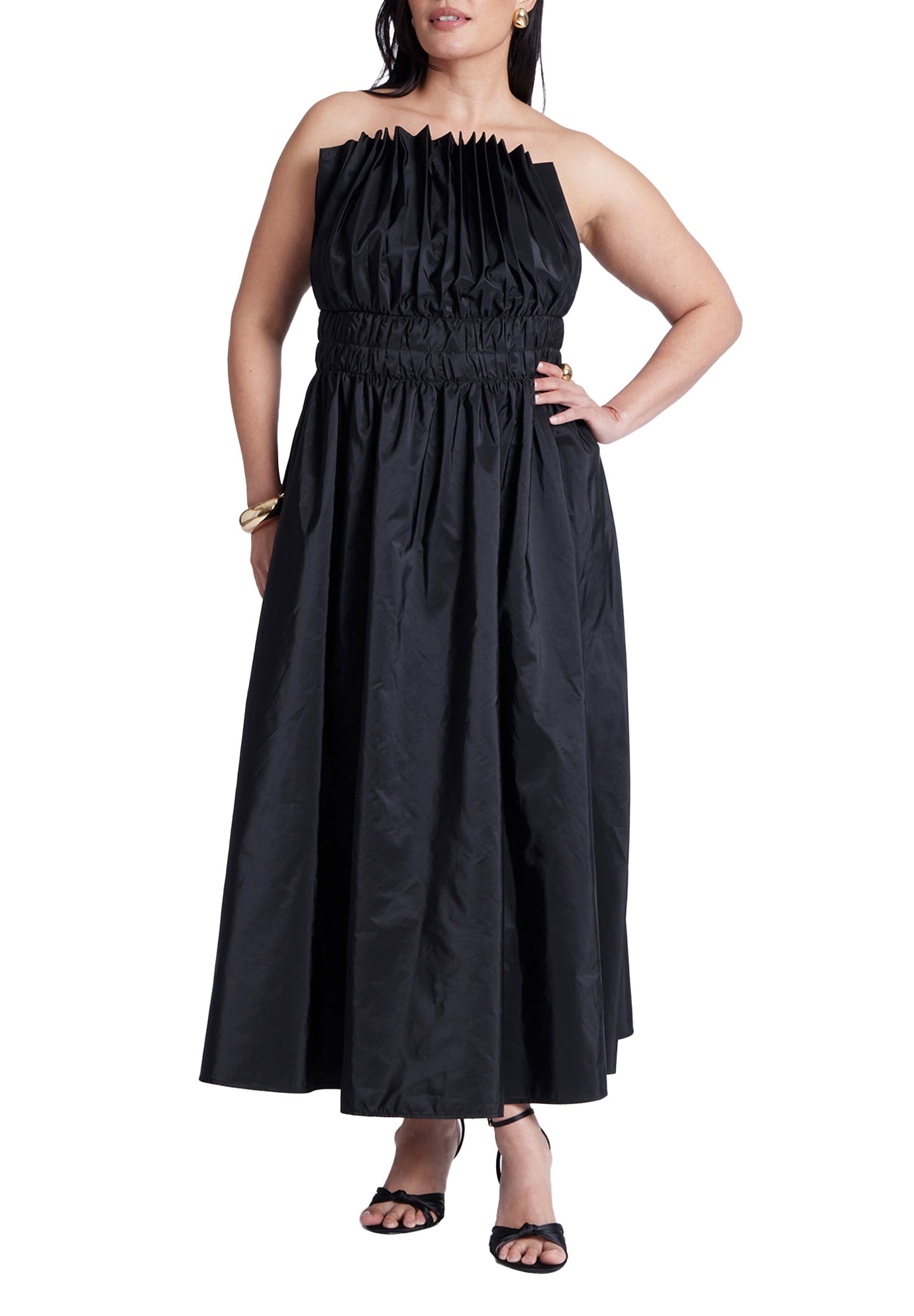 ELOQUII Women's Plus Size Pleated Ruffle Neckline Midi Dress - Walmart.com