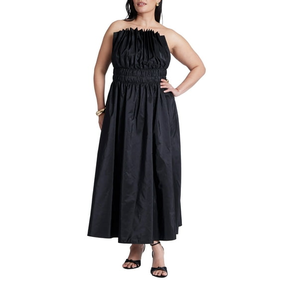 ELOQUII Women's Plus Size Pleated Ruffle Neckline Midi Dress