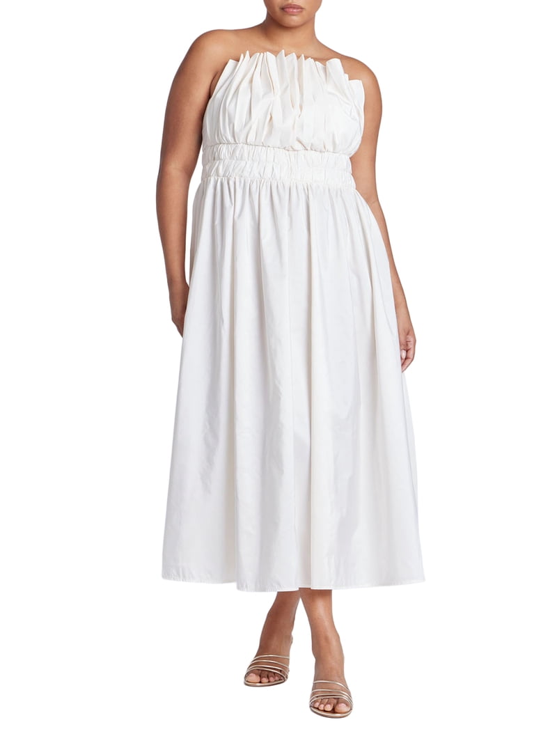 eloquii plus size formal dresses Women's Pleated Ruffle Neckline Midi Dress Web Collection: GardenParty