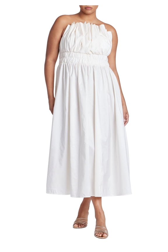 Women's Plus Size Pleated Ruffle Neckline Midi Dress