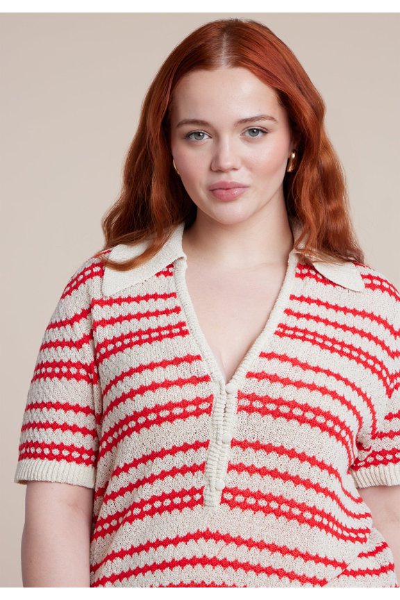 Women's Plus Size Pointelle Stripe Boxy Sweater Top