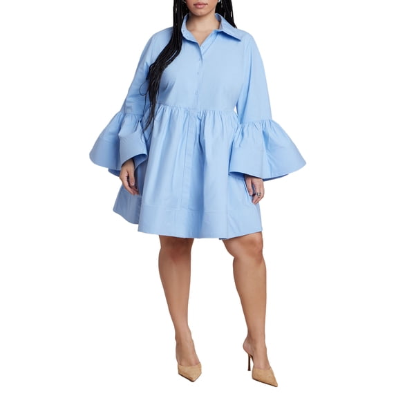 ELOQUII Women's Plus Size Poplin Ruffle Flare Mini Dress