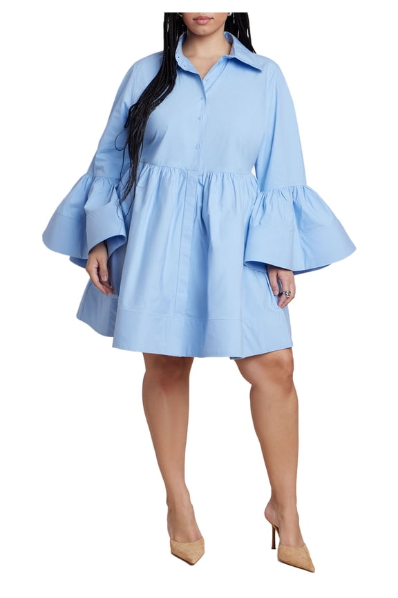 Women's Plus Size Poplin Ruffle Flare Mini Dress