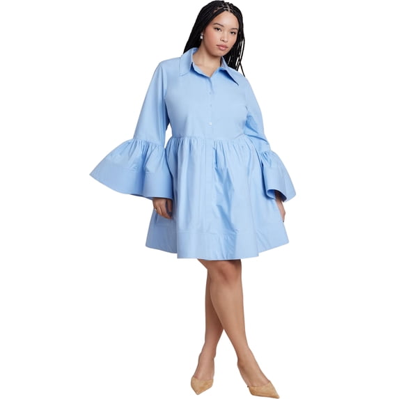ELOQUII Women's Plus Size Poplin Ruffle Flare Mini Dress