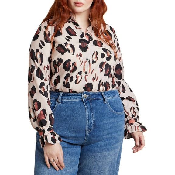 ELOQUII Women's Plus Size Printed Button Down Shirt With Ruffle Neck