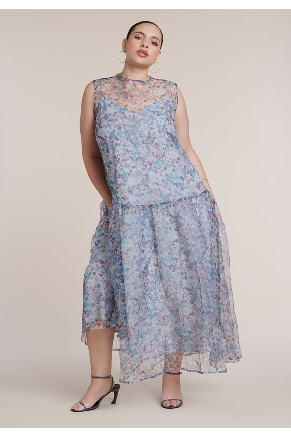 Women's Plus Size Printed Organza Drop Waist Midi Dress