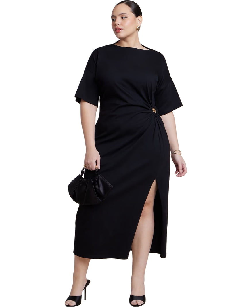 eloquii casual dresses Women's Plus Size Relaxed Maxi Dress With O Ring elegant dress for woman boat neck Dropped shoulder Sweater dress Women French Elegant Black Silk Satin Colors:Gold 753