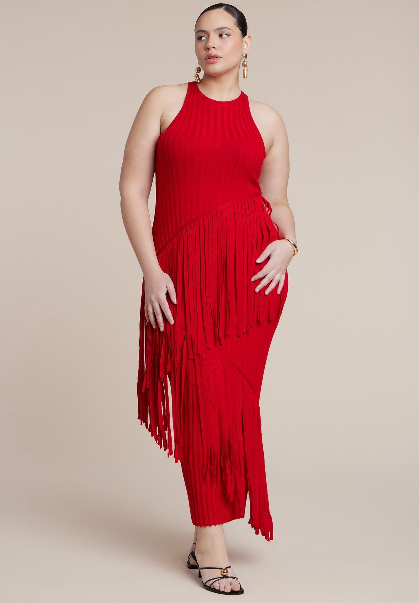 plus size red fringe dress Final Sale Plus Size Halter BodyCon Dress with Bottom Fringe in Red