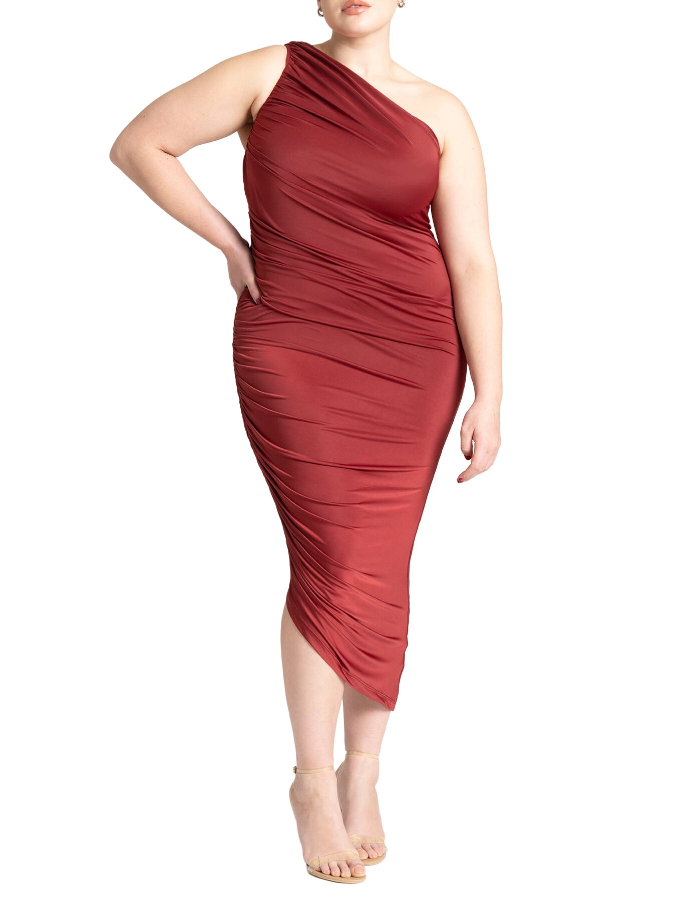One Shoulder Ruched Dress Plus Size Plus Size Sexy Solid Color Ruched One  Shoulder Midi Bodycon Dress  Wholesale Capella Apparel 5/piece] Plus Size  One Shoulder Ruched Crop Top & Mini Skirt